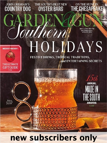 Garden & Gun is a dynamic Southern lifestyle magazine that captures the soul of the new South; the sporting culture, the food, the music, the art, the literature and the ideas. With lush photography and award winning editorial Garden & Gun appeals to both men and women with a strong connection to the land, and all things Southern.