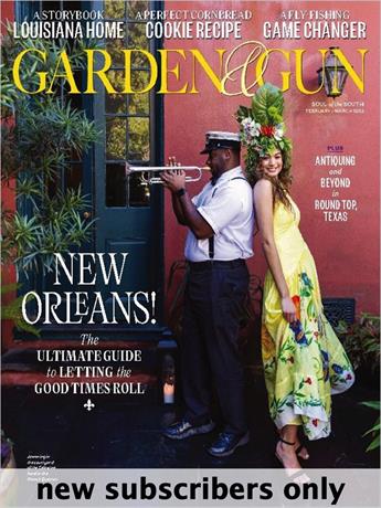 Garden & Gun is a dynamic Southern lifestyle magazine that captures the soul of the new South; the sporting culture, the food, the music, the art, the literature and the ideas. With lush photography and award winning editorial Garden & Gun appeals to both men and women with a strong connection to the land, and all things Southern.