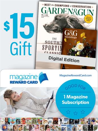Garden & Gun is a dynamic Southern lifestyle magazine that captures the soul of the new South; the sporting culture, the food, the music, the art, the literature and the ideas. With lush photography and award winning editorial Garden & Gun appeals to both men and women with a strong connection to the land, and all things Southern.
Includes 1 year (6 issues) of Garden & Gun plus 1 issue of Garden & Gun Weddings